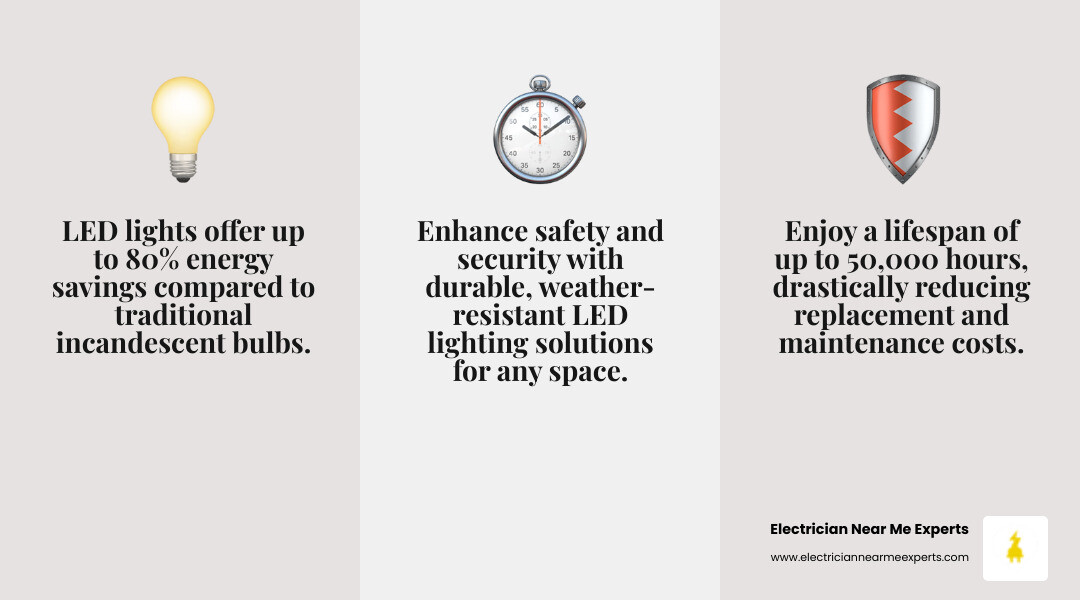 infographic showing LED benefits: 50000 hour lifespan, 80 percent energy savings compared to incandescent, weather resistant for extreme conditions, smart app control options, reduced maintenance costs, improved light quality and safety - led lighting install frisco infographic 3_facts_emoji_grey