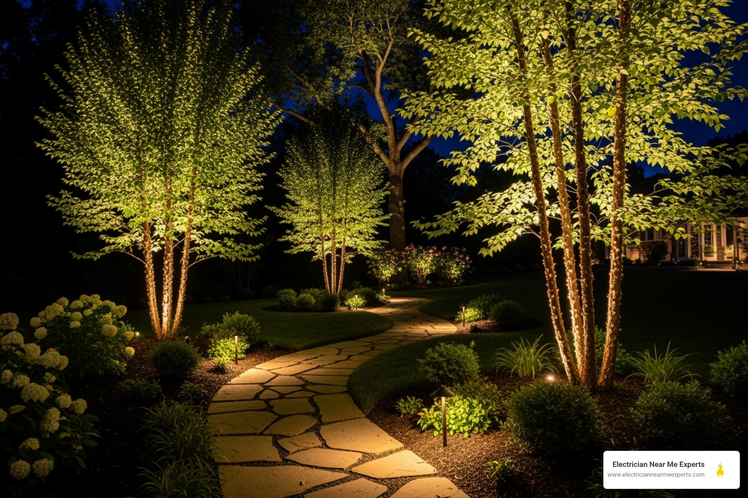 beautifully lit backyard landscape with path lights and uplighting on trees - led lighting install frisco