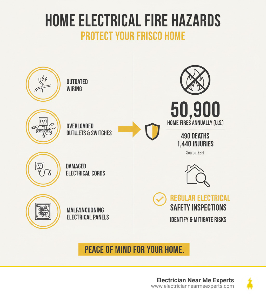 Infographic showing the top causes of home electrical fires including outdated wiring, overloaded circuits, faulty outlets and switches, damaged electrical cords, and malfunctioning electrical panels, with statistics on annual fire incidents and the importance of regular electrical safety inspections in preventing these hazards - electrical safety inspection frisco infographic 