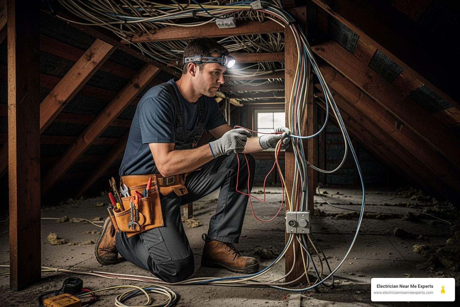 An electrician examining wiring in an attic, focusing on connections and insulation - electrical safety inspection frisco
