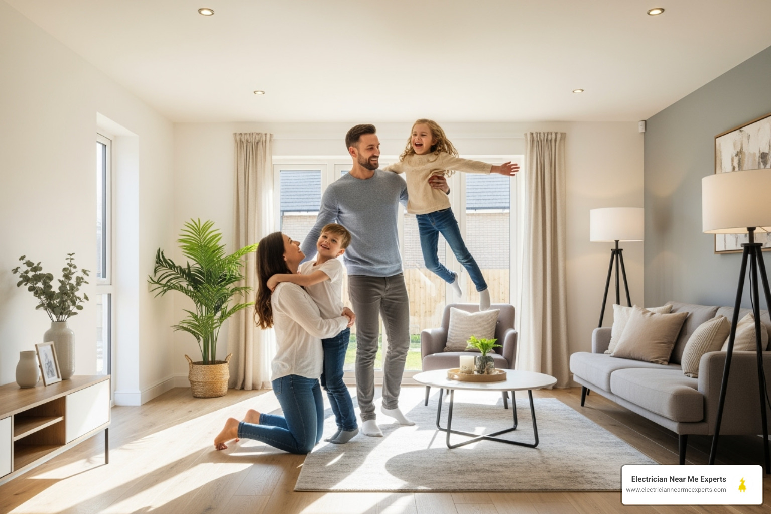 happy family in brightly lit new home - new construction electrician plano happy family in brightly lit new home - new construction electrician plano