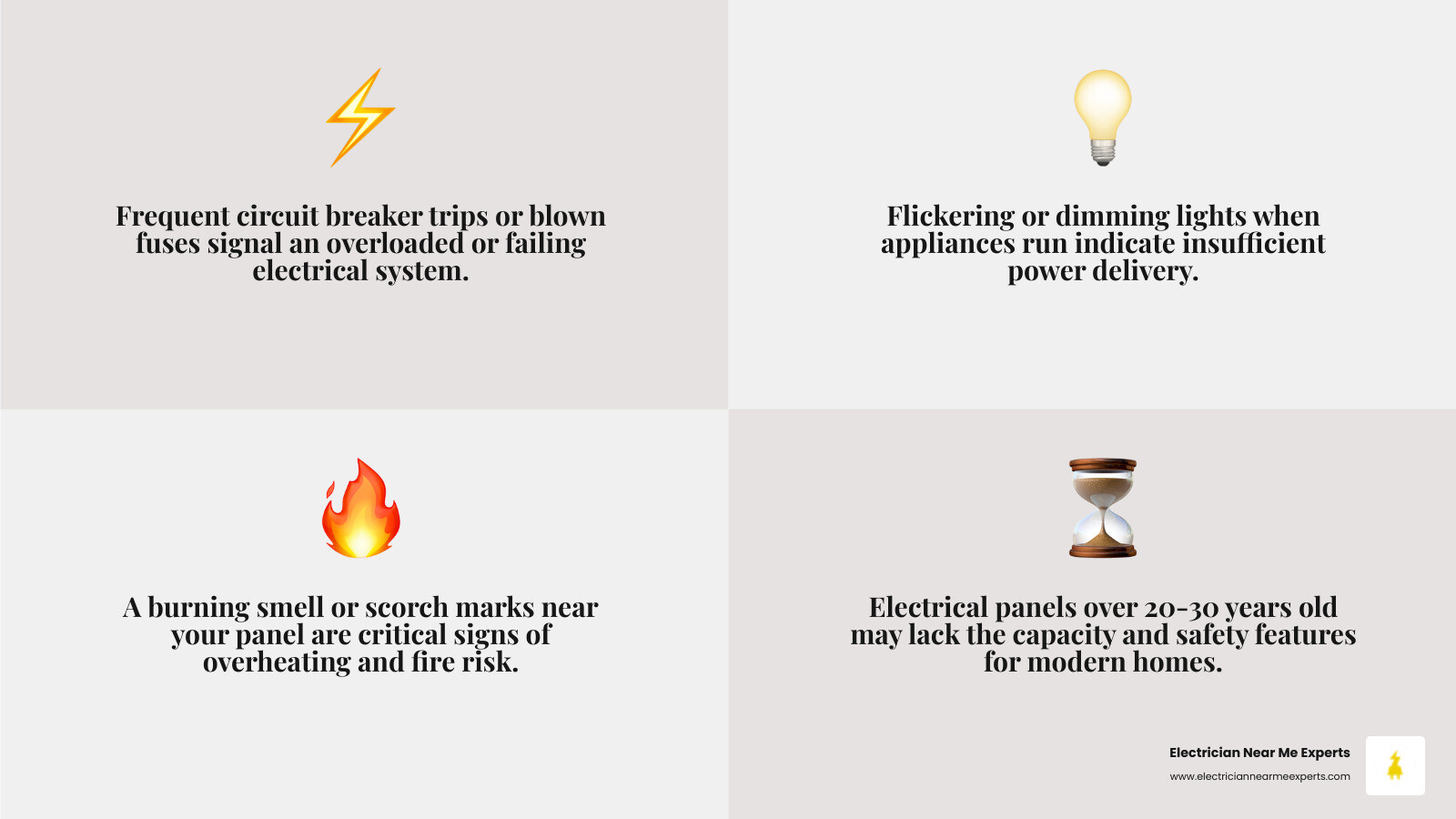 Infographic showing signs you need electrical panel replacement in McKinney: frequent breaker trips, flickering lights, burning smell, rust or corrosion, panel over 20-30 years old, outdated fuse box, under 200 amp capacity, warm panel, and recalled brands like FPE and Zinsco - electrical panel replacement mckinney infographic 4_facts_emoji_grey Infographic showing signs you need electrical panel replacement in McKinney: frequent breaker trips, flickering lights, burning smell, rust or corrosion, panel over 20-30 years old, outdated fuse box, under 200 amp capacity, warm panel, and recalled brands like FPE and Zinsco - electrical panel replacement mckinney infographic 4_facts_emoji_grey