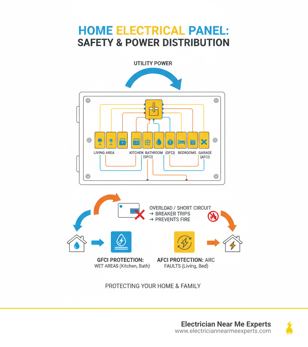Infographic showing how a main electrical panel works: utility power enters through the main breaker, distributes to individual circuit breakers protecting different areas of the home, with circuit breakers automatically tripping during overloads or short circuits to prevent wire overheating and fire hazards, including GFCI protection for wet areas and AFCI protection against arc faults - main electrical panel repair richardson infographic  Infographic showing how a main electrical panel works: utility power enters through the main breaker, distributes to individual circuit breakers protecting different areas of the home, with circuit breakers automatically tripping during overloads or short circuits to prevent wire overheating and fire hazards, including GFCI protection for wet areas and AFCI protection against arc faults - main electrical panel repair richardson infographic