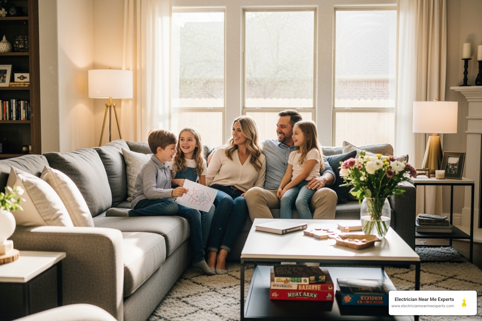 A happy family enjoying a brightly lit living room in their modern Richardson home, showcasing comfort and safety provided by a reliable electrical system. - main electrical panel repair richardson A happy family enjoying a brightly lit living room in their modern Richardson home, showcasing comfort and safety provided by a reliable electrical system. - main electrical panel repair richardson