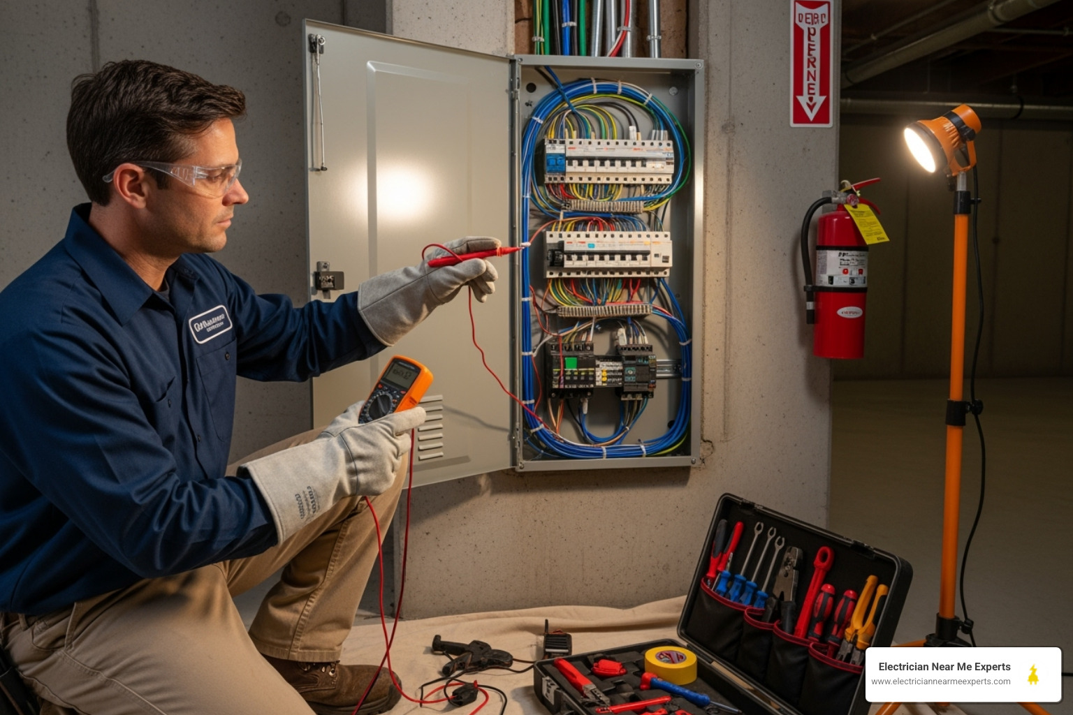 A licensed electrician, wearing safety gloves, carefully working on an open main electrical panel in a residential setting, with tools neatly arranged nearby. - main electrical panel repair richardson A licensed electrician, wearing safety gloves, carefully working on an open main electrical panel in a residential setting, with tools neatly arranged nearby. - main electrical panel repair richardson