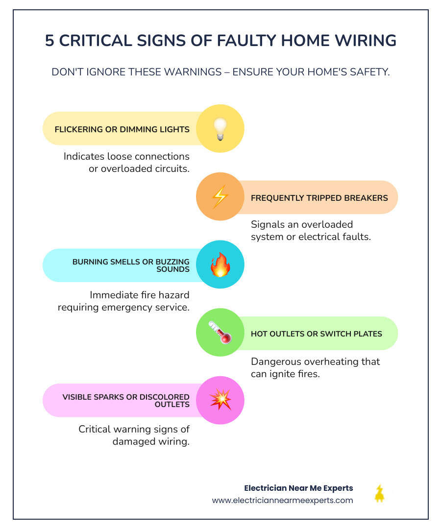 Infographic showing the top 5 warning signs of faulty electrical wiring: flickering lights with loose connection icon, circuit breaker panel with tripped breaker, burning smell with fire hazard symbol, hot outlet with temperature warning, and sparking outlet with danger icon - wiring repair richardson infographic infographic-line-5-steps-colors Infographic showing the top 5 warning signs of faulty electrical wiring: flickering lights with loose connection icon, circuit breaker panel with tripped breaker, burning smell with fire hazard symbol, hot outlet with temperature warning, and sparking outlet with danger icon - wiring repair richardson infographic infographic-line-5-steps-colors