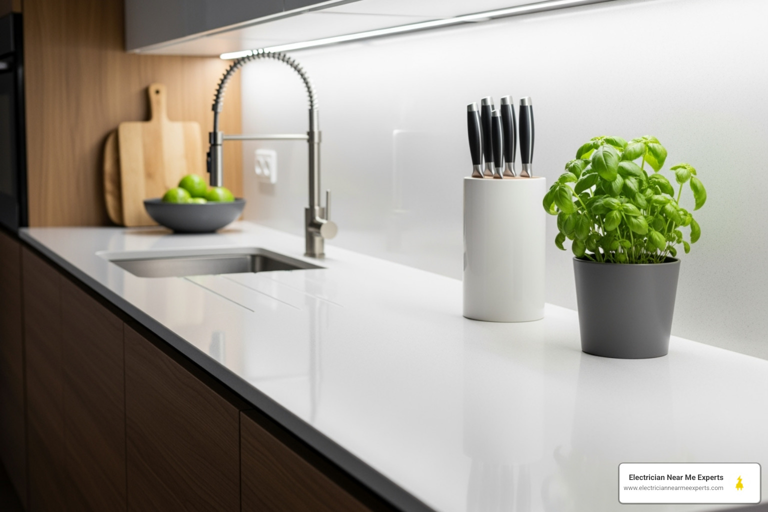 well-lit kitchen countertop with under-cabinet LED strips - kitchen lighting electrician plano