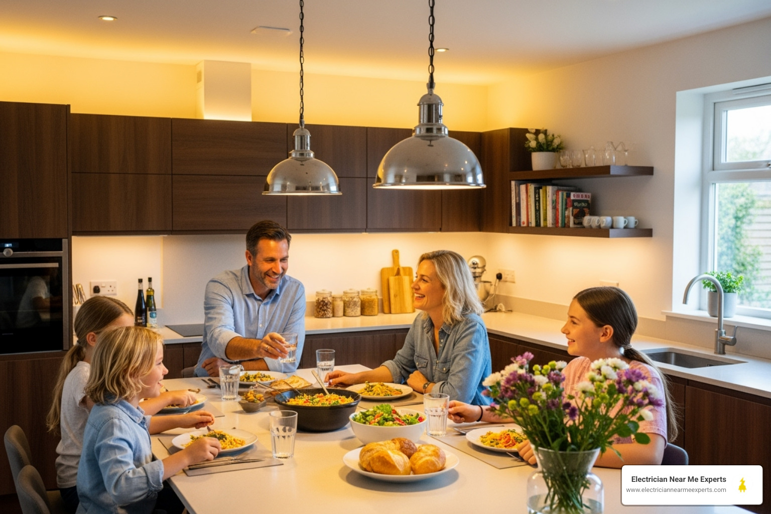 family enjoying beautifully illuminated kitchen - kitchen lighting electrician plano