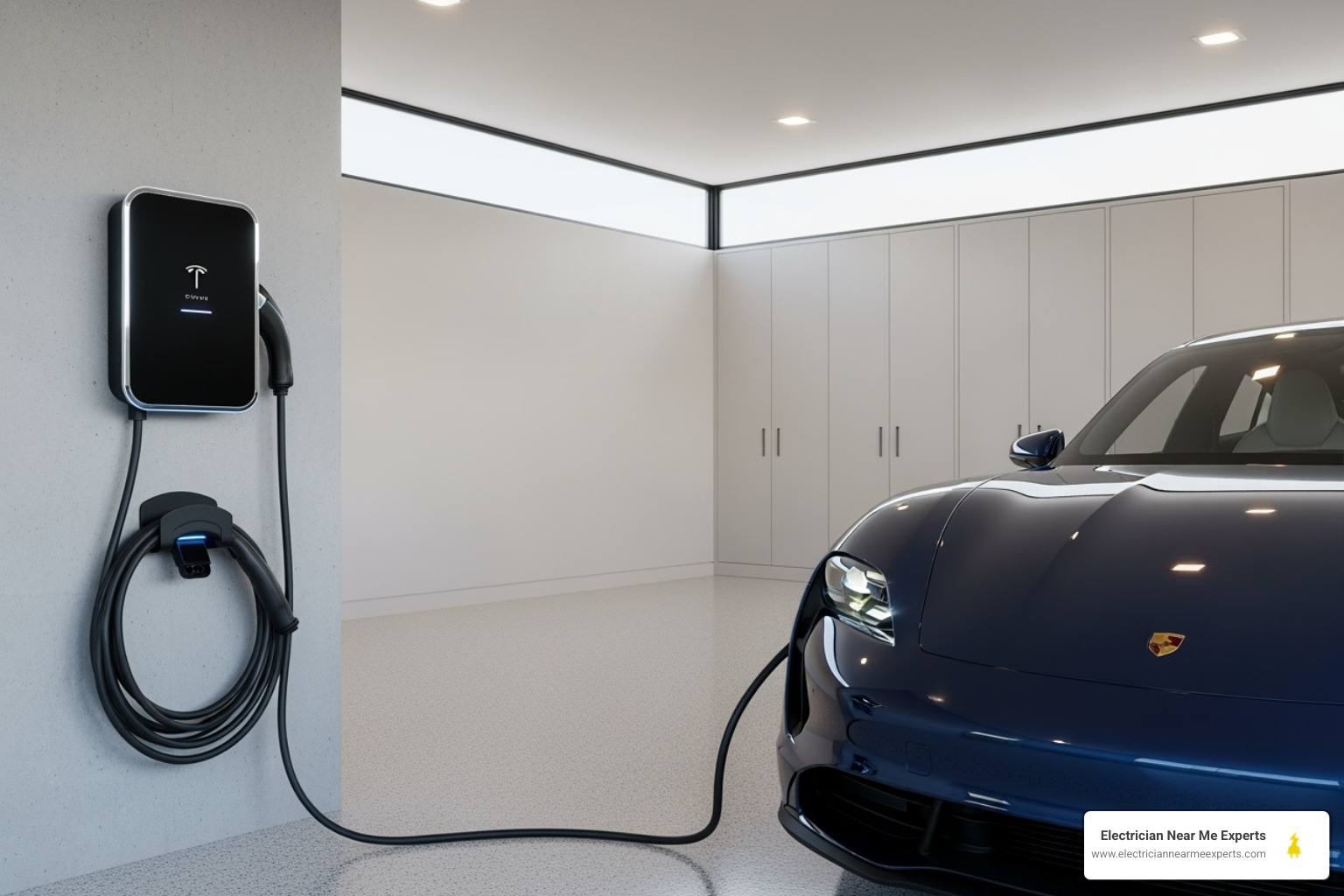 a sleek EV charger installed in the garage of a new home - new construction electrician richardson a sleek EV charger installed in the garage of a new home - new construction electrician richardson