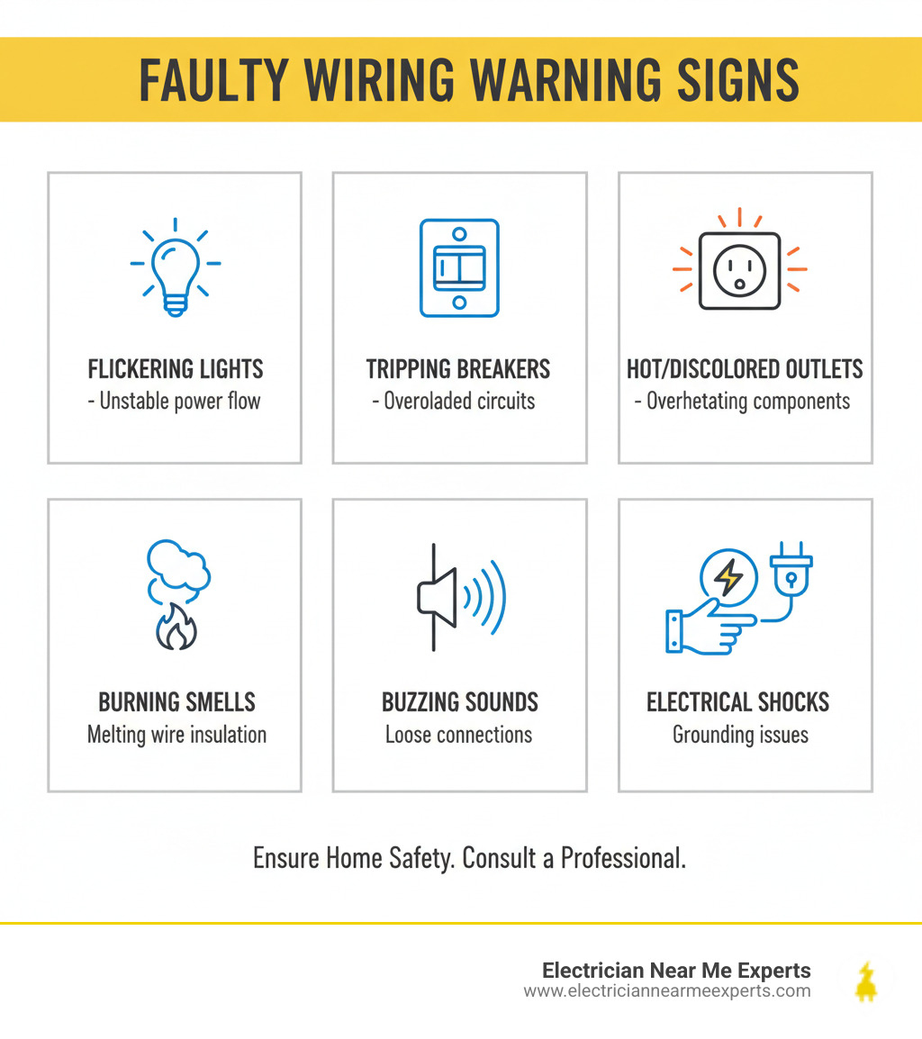 Infographic showing common signs of faulty wiring including flickering lights, tripping circuit breakers, hot or discolored outlets, burning smells near electrical components, buzzing sounds from walls or panels, and shocks when plugging in appliances, with icons and brief descriptions for each warning sign - wiring repair prosper infographic Infographic showing common signs of faulty wiring including flickering lights, tripping circuit breakers, hot or discolored outlets, burning smells near electrical components, buzzing sounds from walls or panels, and shocks when plugging in appliances, with icons and brief descriptions for each warning sign - wiring repair prosper infographic