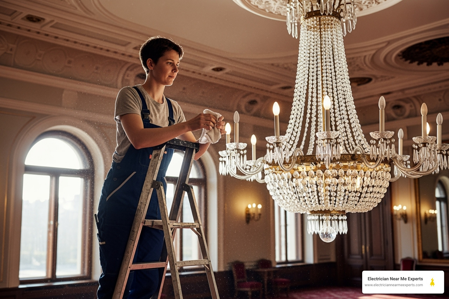 A person gently cleaning a chandelier - light fixture replacement allen