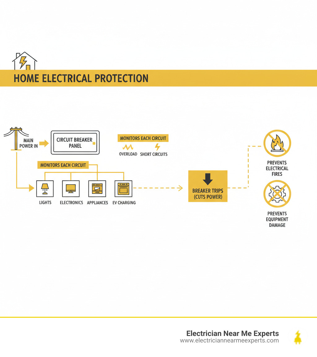 Infographic showing how circuit breakers protect homes: main panel receives power from utility, breakers monitor each circuit for overloads and short circuits, breaker trips to cut power when danger detected, preventing electrical fires and equipment damage - circuit breaker repair richardson infographic 