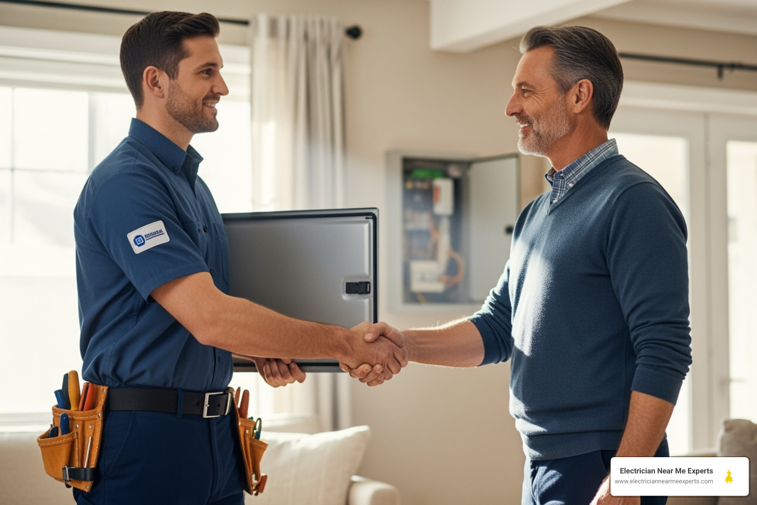 professional electrician shaking hands with a satisfied homeowner after completing a repair - circuit breaker repair richardson