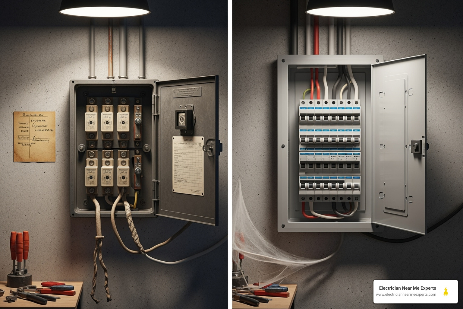 old-fashioned fuse box next to a modern circuit breaker panel - circuit breaker repair richardson