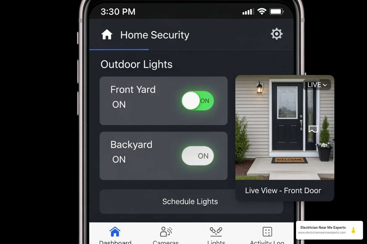 Smartphone app displaying controls for smart home security lights, showing scheduling options and integration with security cameras - security lighting electrician allen
