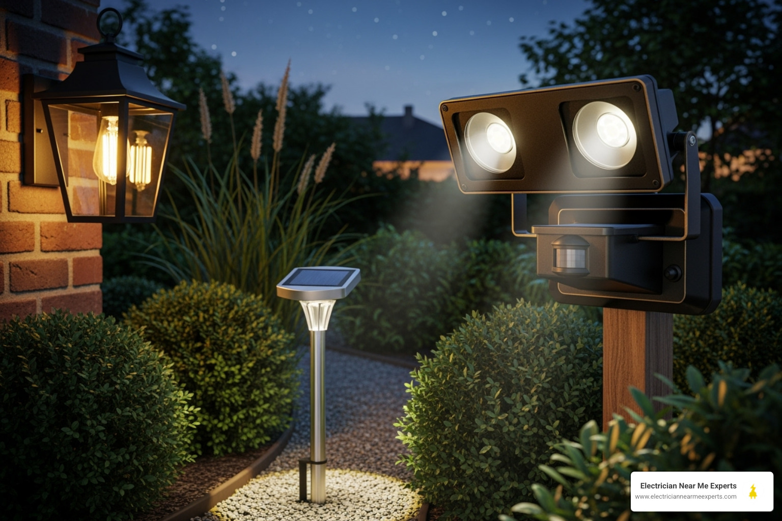 Different types of security light fixtures, including motion-activated floodlights, dusk-to-dawn lanterns, and solar-powered path lights - security lighting electrician allen