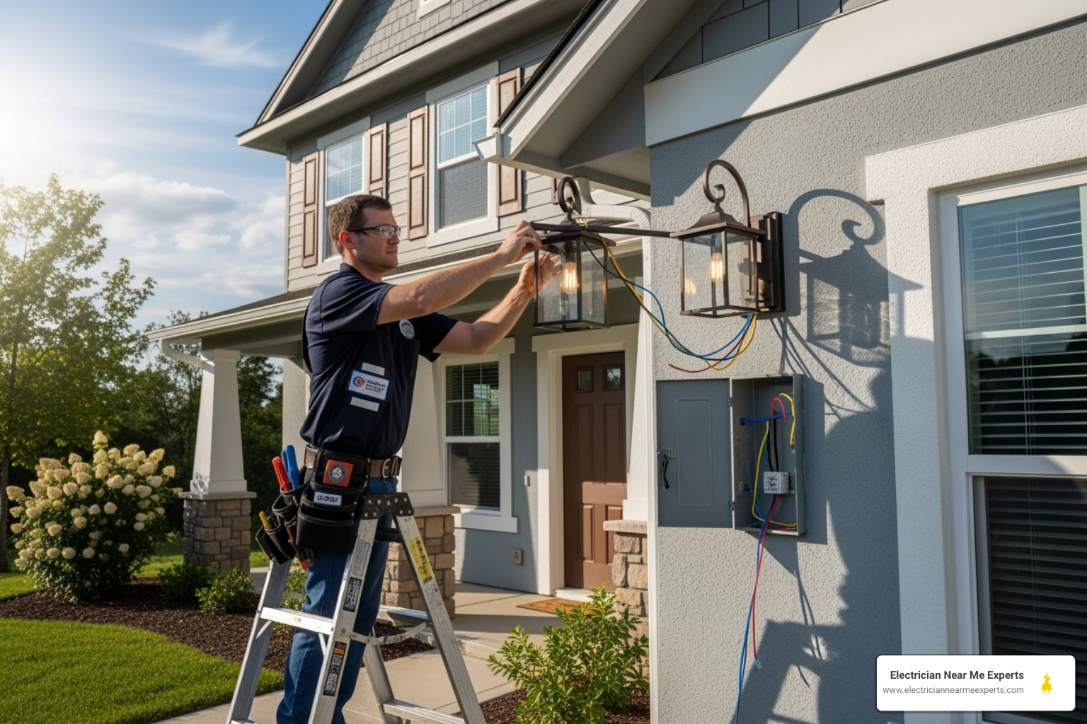 Licensed electrician safely installing an outdoor light fixture on a residential property - security lighting electrician allen
