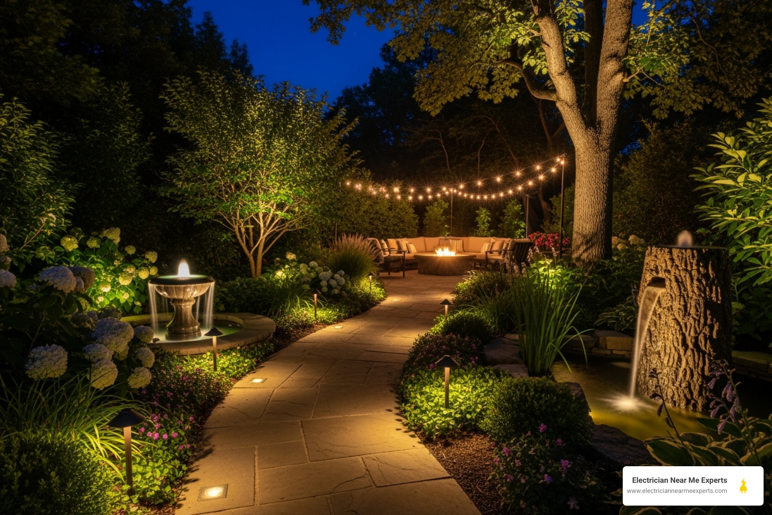 A well-lit garden path leading to a patio - landscape lighting prosper