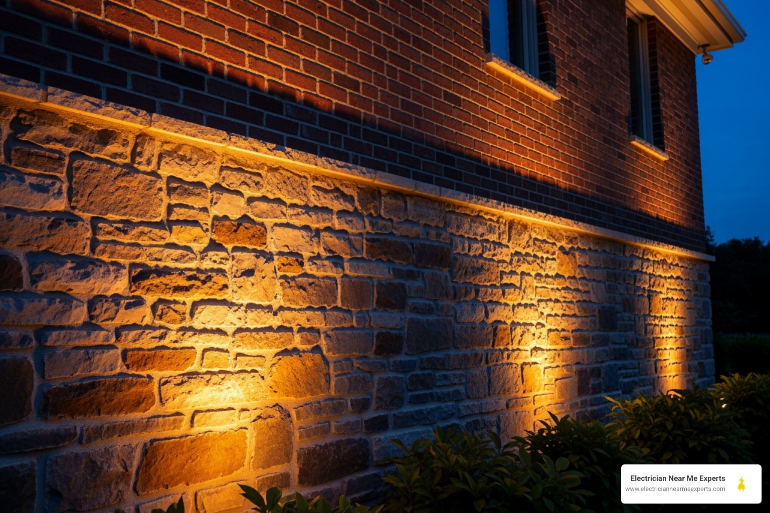 A home's stone and brick texture accentuated by uplighting - landscape lighting prosper