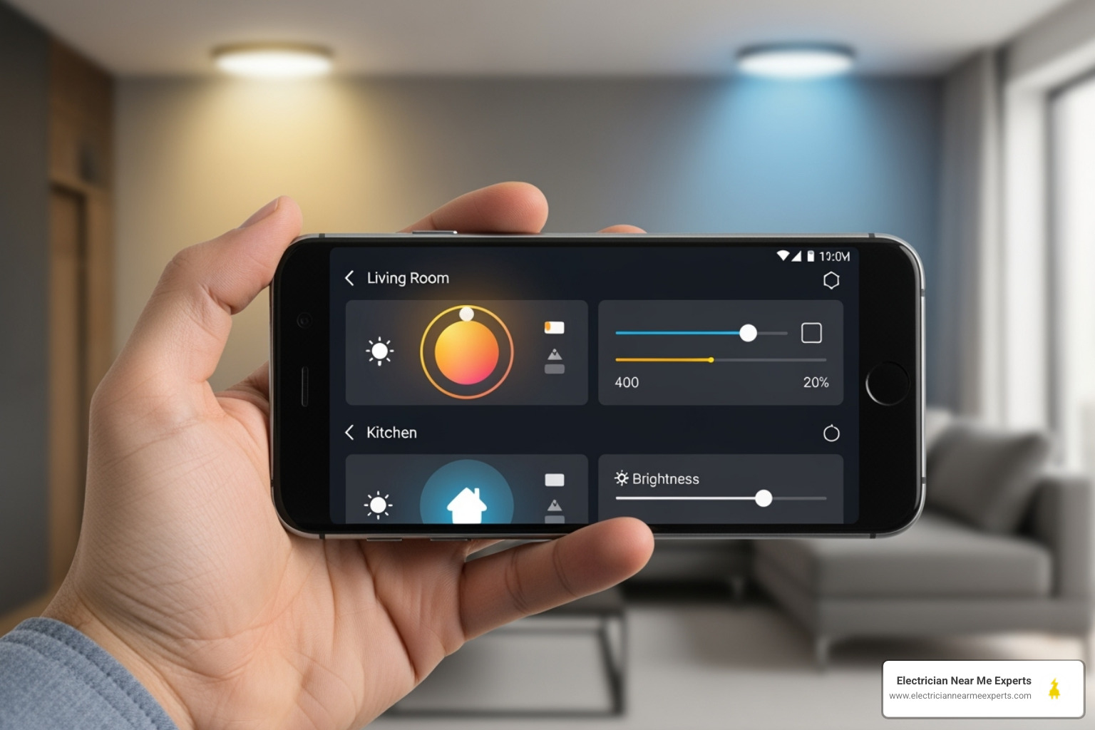 person using smartphone app to adjust lights - smart lighting setup mckinney