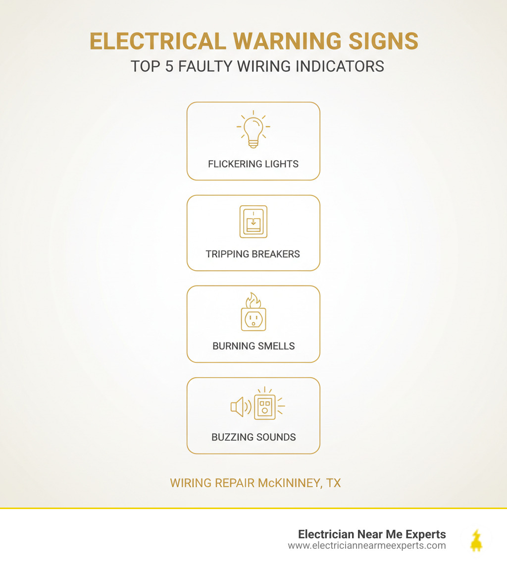 Infographic showing the top 5 warning signs of faulty electrical wiring: flickering lights, frequently tripping circuit breakers, burning smells from outlets or switches, discolored or warm outlet covers, and buzzing sounds from electrical panels - wiring repair mckinney tx infographic 
