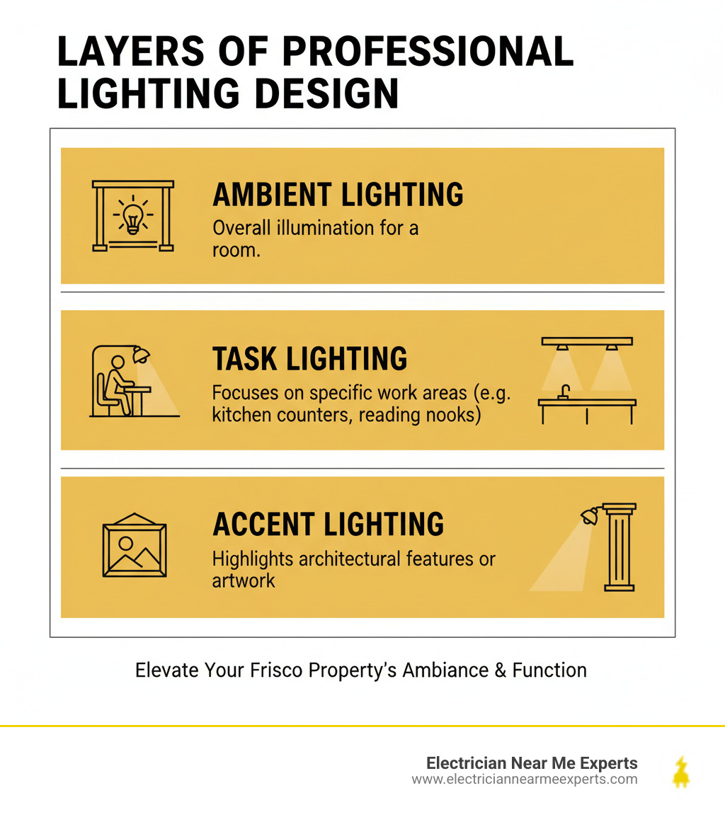 Infographic showing three layers of professional lighting design: Ambient lighting provides overall illumination for a room, Task lighting focuses on specific work areas like kitchen counters or reading nooks, and Accent lighting highlights architectural features or artwork - lighting design electrician frisco infographic Infographic showing three layers of professional lighting design: Ambient lighting provides overall illumination for a room, Task lighting focuses on specific work areas like kitchen counters or reading nooks, and Accent lighting highlights architectural features or artwork - lighting design electrician frisco infographic