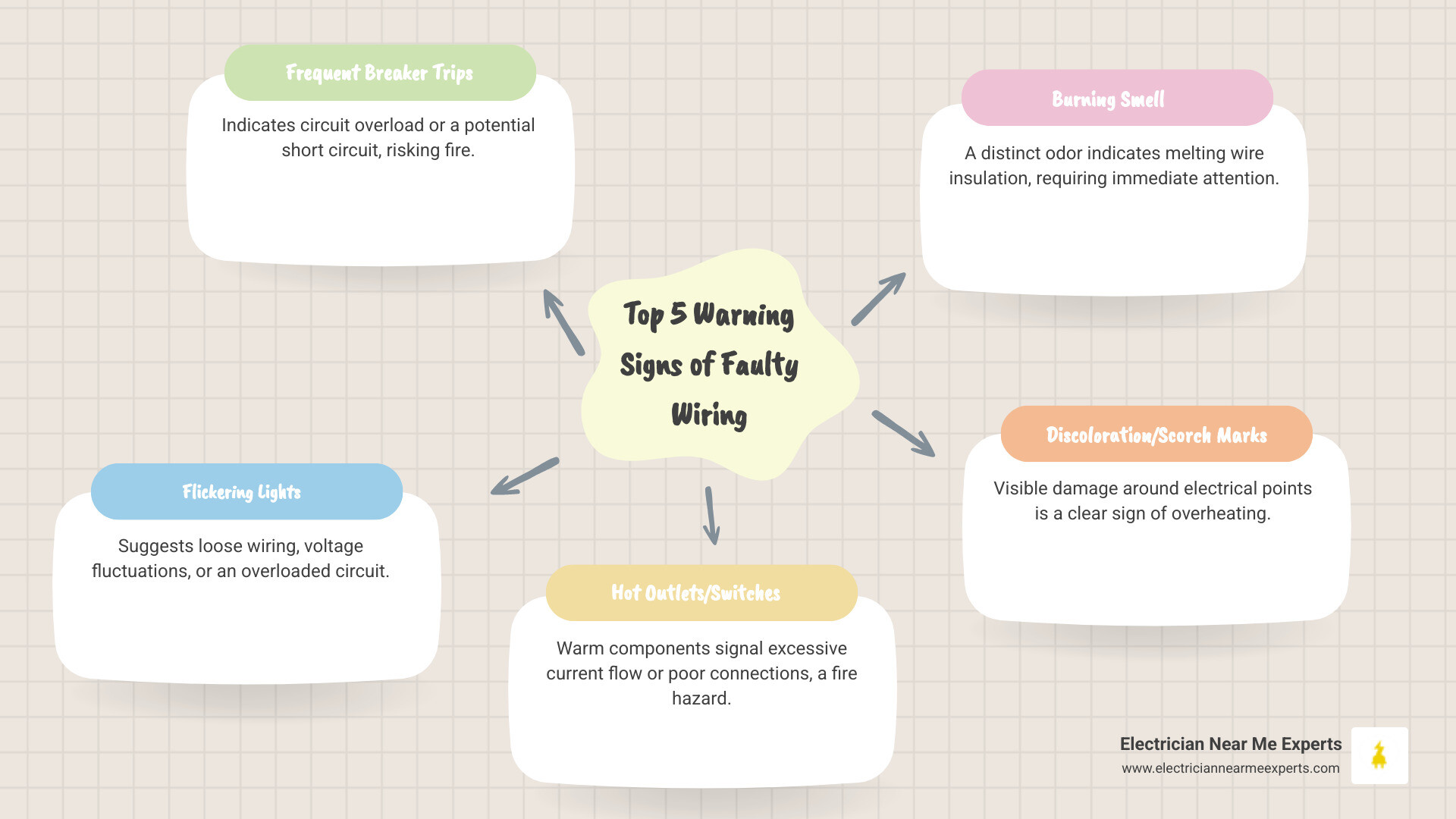 Infographic showing the top 5 warning signs of faulty wiring: 1) Circuit breakers tripping frequently with images of a breaker panel, 2) Flickering lights with illustration of dimming bulbs, 3) Hot outlets or switches with temperature warning icon, 4) Burning smell with smoke icon near outlet, 5) Discolored or scorched outlets with damaged outlet image. Each sign includes a red alert symbol and brief description of the fire risk. - wiring repair plano infographic mindmap-5-items Infographic showing the top 5 warning signs of faulty wiring: 1) Circuit breakers tripping frequently with images of a breaker panel, 2) Flickering lights with illustration of dimming bulbs, 3) Hot outlets or switches with temperature warning icon, 4) Burning smell with smoke icon near outlet, 5) Discolored or scorched outlets with damaged outlet image. Each sign includes a red alert symbol and brief description of the fire risk. - wiring repair plano infographic mindmap-5-items