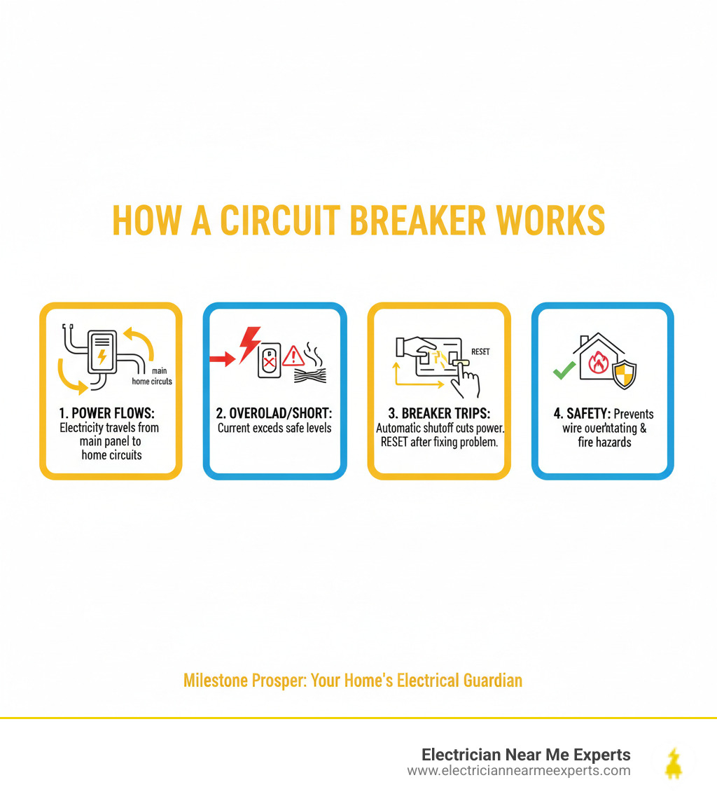 Infographic showing how circuit breakers work: electricity flows through the breaker from the main panel to home circuits; when current exceeds safe levels from overload or short circuit, the breaker trips and cuts power; the breaker can be reset after the problem is fixed; this automatic shutoff prevents wire overheating and fire hazards - circuit breaker repair prosper infographic Infographic showing how circuit breakers work: electricity flows through the breaker from the main panel to home circuits; when current exceeds safe levels from overload or short circuit, the breaker trips and cuts power; the breaker can be reset after the problem is fixed; this automatic shutoff prevents wire overheating and fire hazards - circuit breaker repair prosper infographic