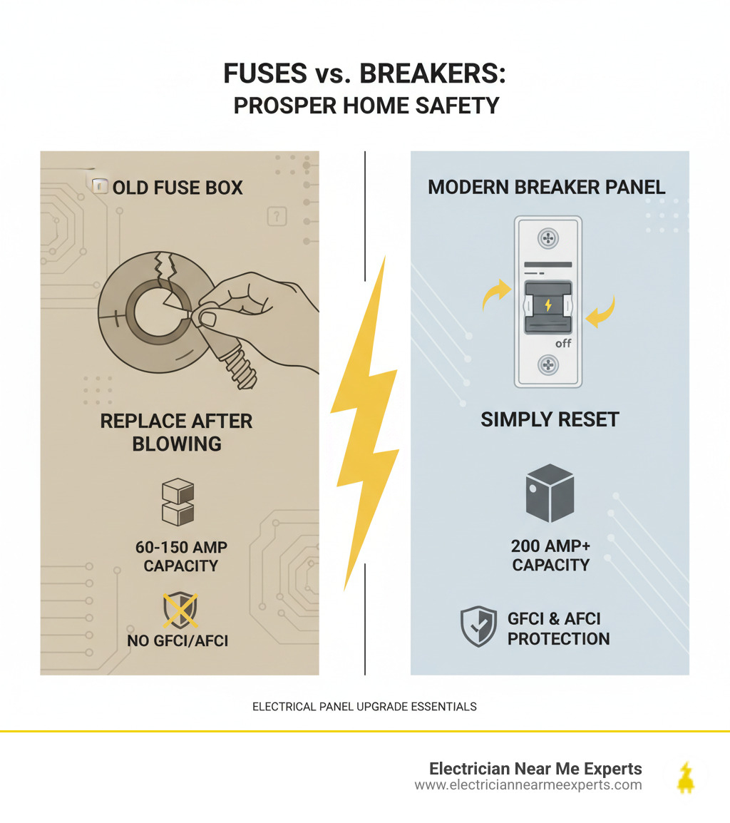infographic showing the key differences between old screw-in fuses and modern circuit breakers, including how fuses must be replaced after blowing while breakers simply reset, capacity differences between 60-150 amp fuse panels versus 200 amp breaker panels, and safety features like GFCI and AFCI protection available only in modern panels - fuse box repair prosper infographic 