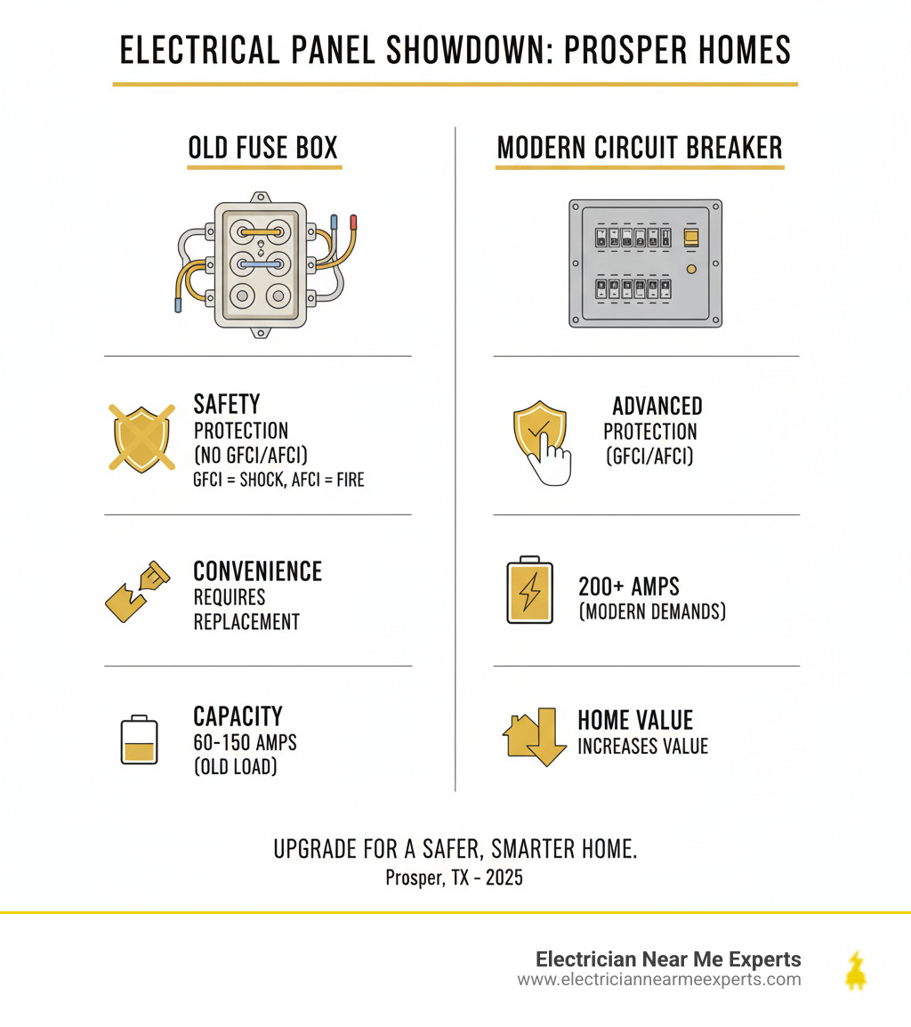 infographic comparing fuse box vs circuit breaker panel on safety, convenience, capacity, and home value - fuse box repair prosper infographic 
