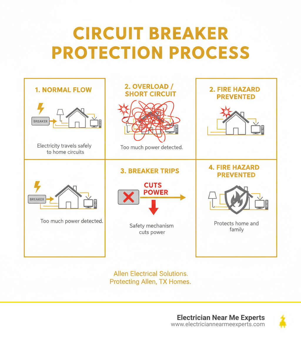 Infographic showing the circuit breaker protection process: normal electrical flow through breaker to home circuits, then overload or short circuit detected, breaker trips and cuts power, and fire hazard prevented - circuit breaker installation allen tx infographic Infographic showing the circuit breaker protection process: normal electrical flow through breaker to home circuits, then overload or short circuit detected, breaker trips and cuts power, and fire hazard prevented - circuit breaker installation allen tx infographic