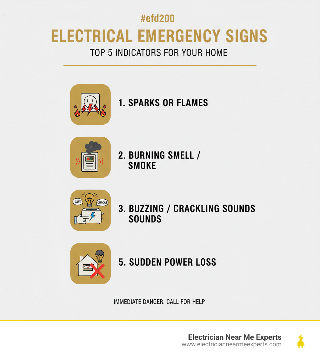 Infographic showing top 5 signs of an electrical emergency: 1. Sparks or flames from outlets or panel, 2. Burning smell or smoke from electrical components, 3. Buzzing, crackling, or popping sounds, 4. Electrical shocks when touching appliances, 5. Sudden power loss with no clear cause - electric repair emergency mckinney infographic 