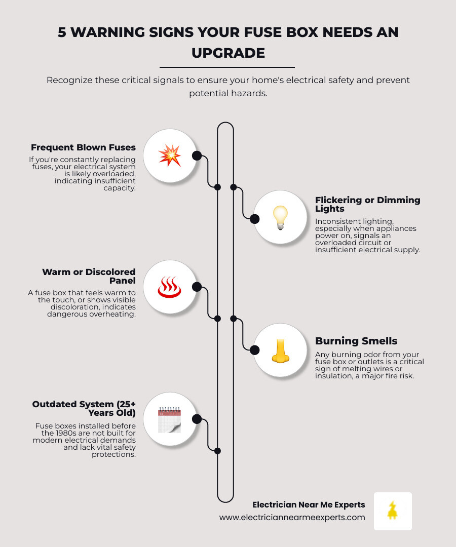 infographic showing 5 warning signs your fuse box needs replacement: frequent blown fuses with visual of melted fuse, flickering or dimming lights icon, warm or discolored panel box with heat waves, burning smell or smoke indicators, and outdated system over 25 years old with calendar - fuse box replacement technicians in addison, tx infographic infographic-line-5-steps-elegant_beige infographic showing 5 warning signs your fuse box needs replacement: frequent blown fuses with visual of melted fuse, flickering or dimming lights icon, warm or discolored panel box with heat waves, burning smell or smoke indicators, and outdated system over 25 years old with calendar - fuse box replacement technicians in addison, tx infographic infographic-line-5-steps-elegant_beige