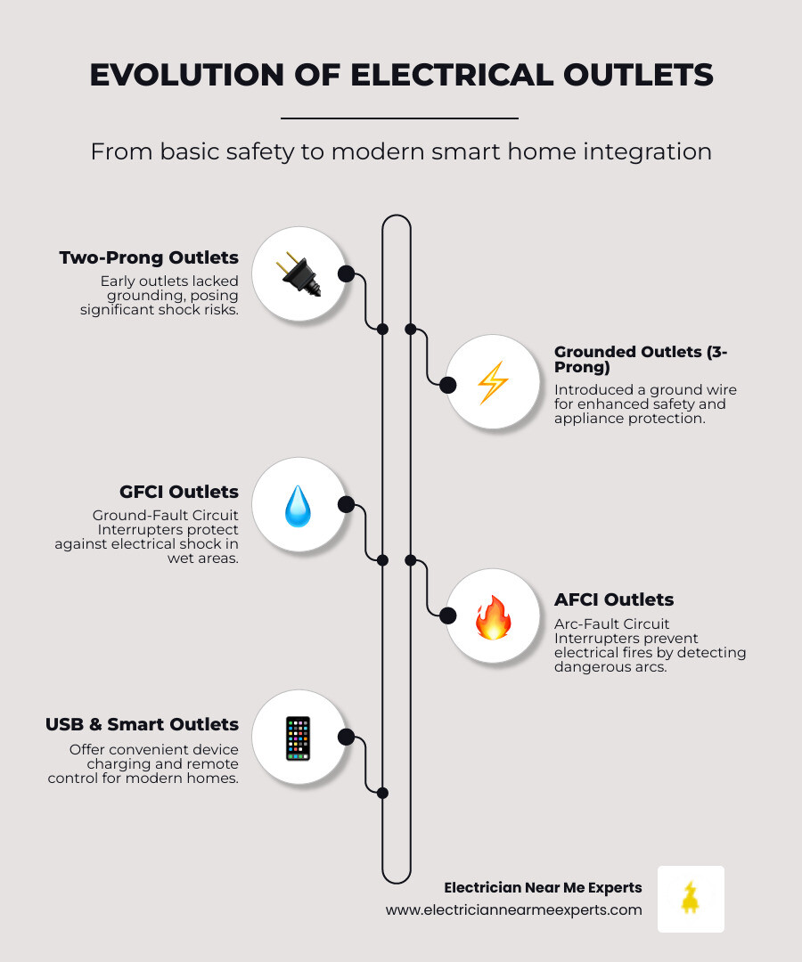 Infographic illustrating the evolution of electrical outlets, from basic two-prong models to modern grounded, GFCI, AFCI, USB, and smart outlets, highlighting their increasing safety, convenience, and functionality for homeowners. - electrical outlet installation in allen, tx infographic infographic-line-5-steps-elegant_beige