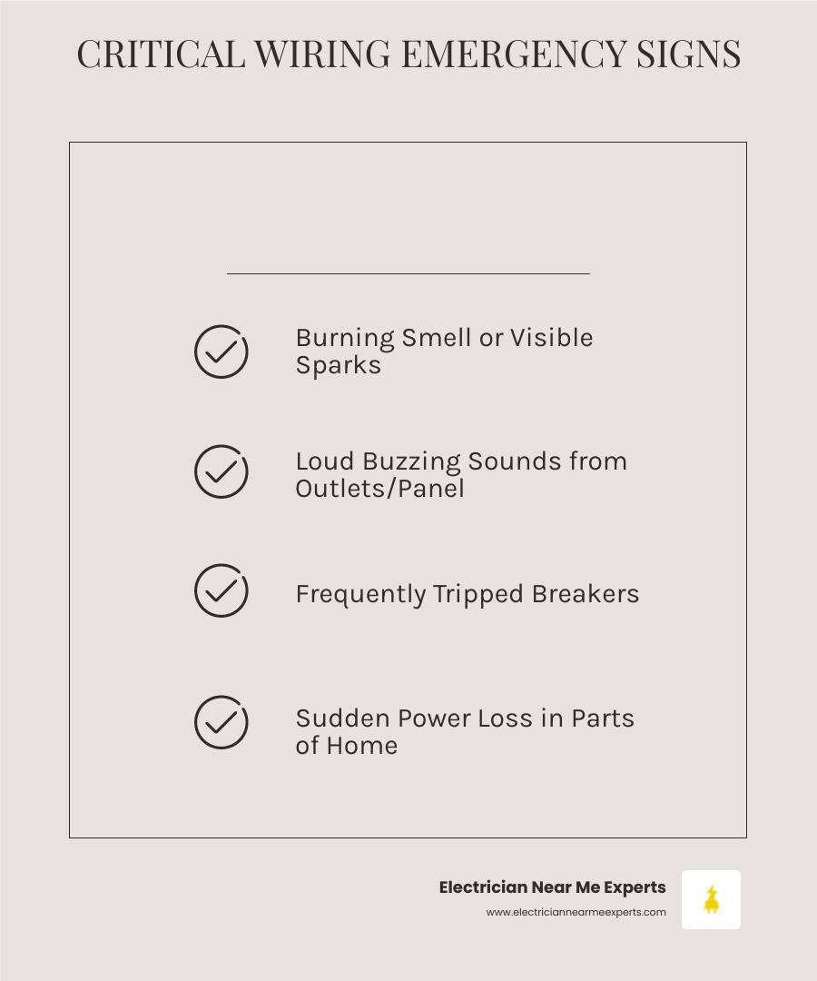 Infographic showing the 5 critical signs of electrical emergencies: burning smell near outlets, visible sparks, loud buzzing sounds, breakers that trip repeatedly, and sudden power loss in parts of your home - 24 hour electrical wiring repair in allen, tx infographic checklist-light-beige Infographic showing the 5 critical signs of electrical emergencies: burning smell near outlets, visible sparks, loud buzzing sounds, breakers that trip repeatedly, and sudden power loss in parts of your home - 24 hour electrical wiring repair in allen, tx infographic checklist-light-beige