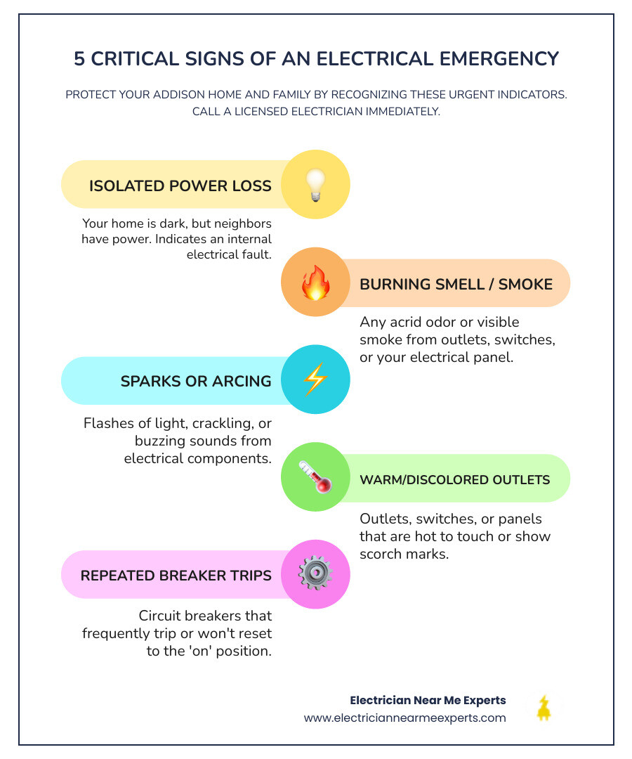 Infographic showing the 5 critical signs of an electrical emergency: 1) Power outage in your home only, 2) Burning smell or smoke from electrical devices, 3) Sparks or arcing from outlets or switches, 4) Warm or discolored outlets and panels, 5) Breakers that trip repeatedly or won't reset. Each sign includes a warning icon and brief safety note to call a licensed electrician immediately. - emergency electric repair service in addison, tx infographic infographic-line-5-steps-colors Infographic showing the 5 critical signs of an electrical emergency: 1) Power outage in your home only, 2) Burning smell or smoke from electrical devices, 3) Sparks or arcing from outlets or switches, 4) Warm or discolored outlets and panels, 5) Breakers that trip repeatedly or won't reset. Each sign includes a warning icon and brief safety note to call a licensed electrician immediately. - emergency electric repair service in addison, tx infographic infographic-line-5-steps-colors