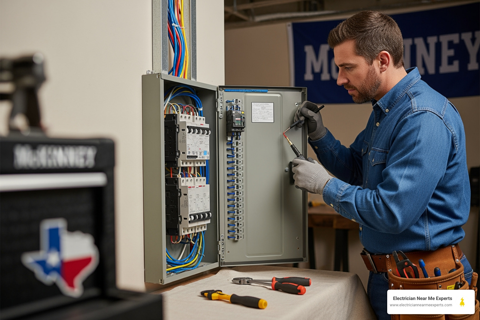 Infographic showing the circuit breaker tripping process: normal electrical flow through breaker, detection of overload or short circuit, automatic disconnection mechanism activating, and power cutoff to prevent fire hazards. Includes common causes like overloaded circuits, short circuits from damaged wiring, and ground faults, with visual indicators for when to call a professional versus safe DIY steps. - "My breaker keeps tripping. Find me a company that does circuit breaker repair in McKinney, TX."