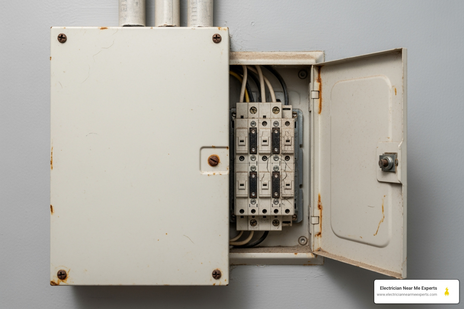 Infographic detailing common warning signs of a failing fuse box, including flickering lights, frequently blown fuses, burning smell, strange noises, melted fuses, overheating panel, rust, and corrosion - fuse box repair in allen, tx