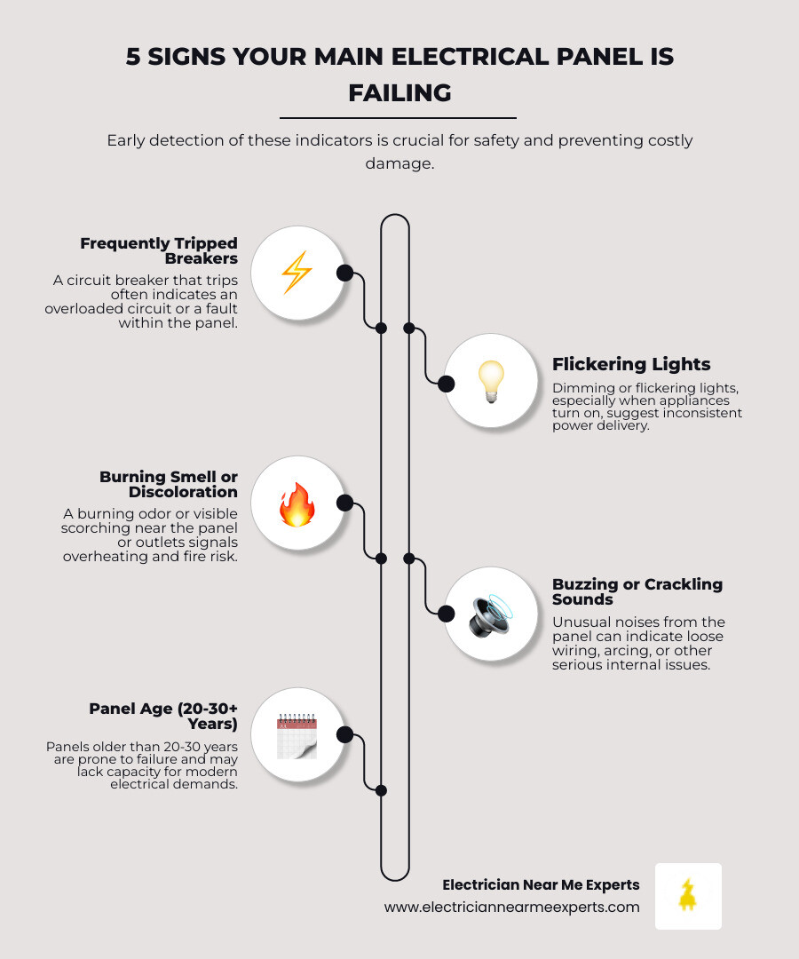 Infographic showing the top 5 signs of a failing electrical panel: frequently tripped breakers with a switch icon, flickering lights with a lightbulb icon, burning smell or discoloration with a warning symbol, buzzing or crackling sounds with sound waves, and panel age over 20-30 years with a calendar icon - "I think my electrical panel is failing. Who can I call for main electrical panel repair in Richardson?" infographic infographic-line-5-steps-elegant_beige Infographic showing the top 5 signs of a failing electrical panel: frequently tripped breakers with a switch icon, flickering lights with a lightbulb icon, burning smell or discoloration with a warning symbol, buzzing or crackling sounds with sound waves, and panel age over 20-30 years with a calendar icon - "I think my electrical panel is failing. Who can I call for main electrical panel repair in Richardson?" infographic infographic-line-5-steps-elegant_beige