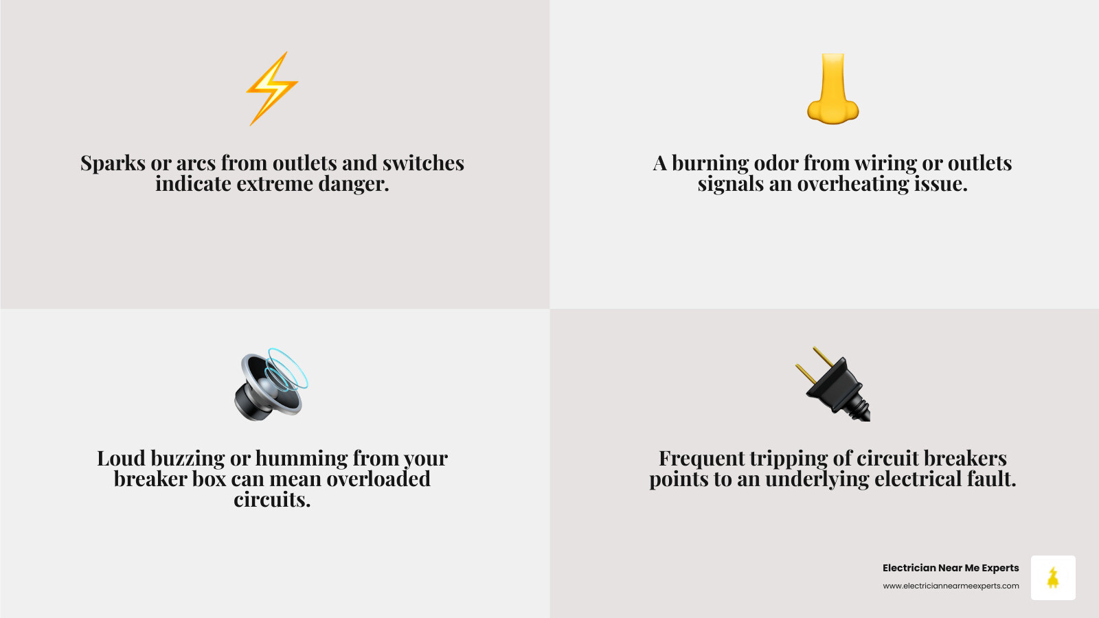 Infographic showing the top 5 signs you need an emergency electrician: sparks from outlets, burning smell from walls, buzzing sounds from breaker box, frequent breaker trips, and complete power outage - same day home electrical services in aubrey, tx infographic 4_facts_emoji_grey Infographic showing the top 5 signs you need an emergency electrician: sparks from outlets, burning smell from walls, buzzing sounds from breaker box, frequent breaker trips, and complete power outage - same day home electrical services in aubrey, tx infographic 4_facts_emoji_grey