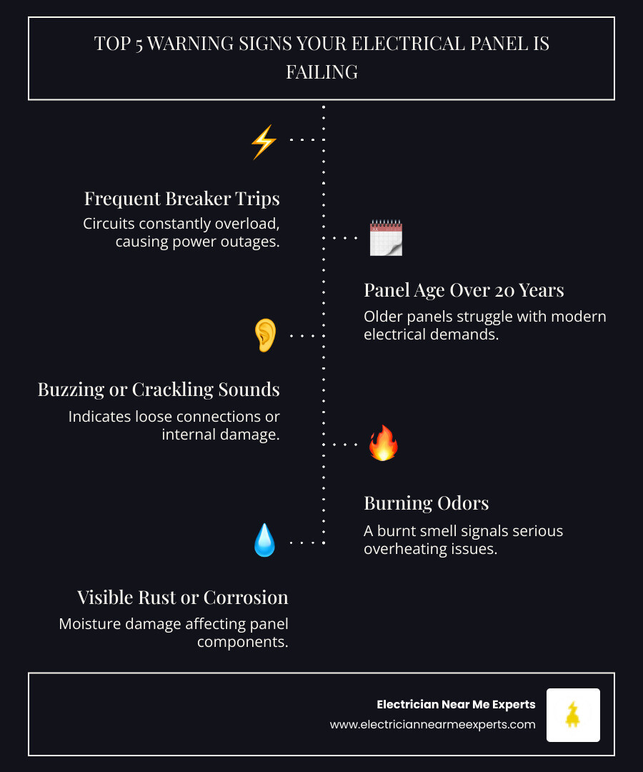 Infographic showing the top 5 warning signs your electrical panel is failing: frequent breaker trips, panel age over 20-30 years, buzzing or crackling sounds from the panel, burning odors near the electrical box, and visible rust or corrosion on panel components - electrical panel change-out in allen tx infographic infographic-line-5-steps-dark Infographic showing the top 5 warning signs your electrical panel is failing: frequent breaker trips, panel age over 20-30 years, buzzing or crackling sounds from the panel, burning odors near the electrical box, and visible rust or corrosion on panel components - electrical panel change-out in allen tx infographic infographic-line-5-steps-dark