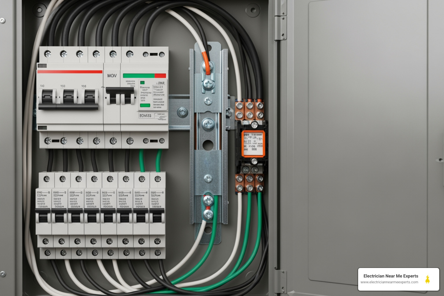 Infographic showing the key components of a residential electrical panel including the main breaker, individual circuit breakers, neutral bus bar, ground bus bar, and service entrance wires, with labels explaining each part's function in distributing and protecting your home's electrical system - electrical panel change-out company in farmersville, tx