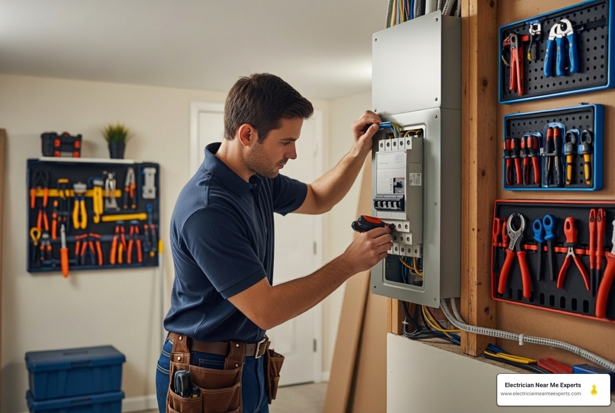 Infographic showing the electrical panel upgrade process: initial assessment with load calculations, permit acquisition from local municipality, coordinated power disconnection with utility company, removal of old hazardous panel, installation of new 200-amp breaker box meeting NEC standards, circuit reconnection with clear labeling, comprehensive safety testing, and final inspection approval - electrical panel change-out company in oak point, tx