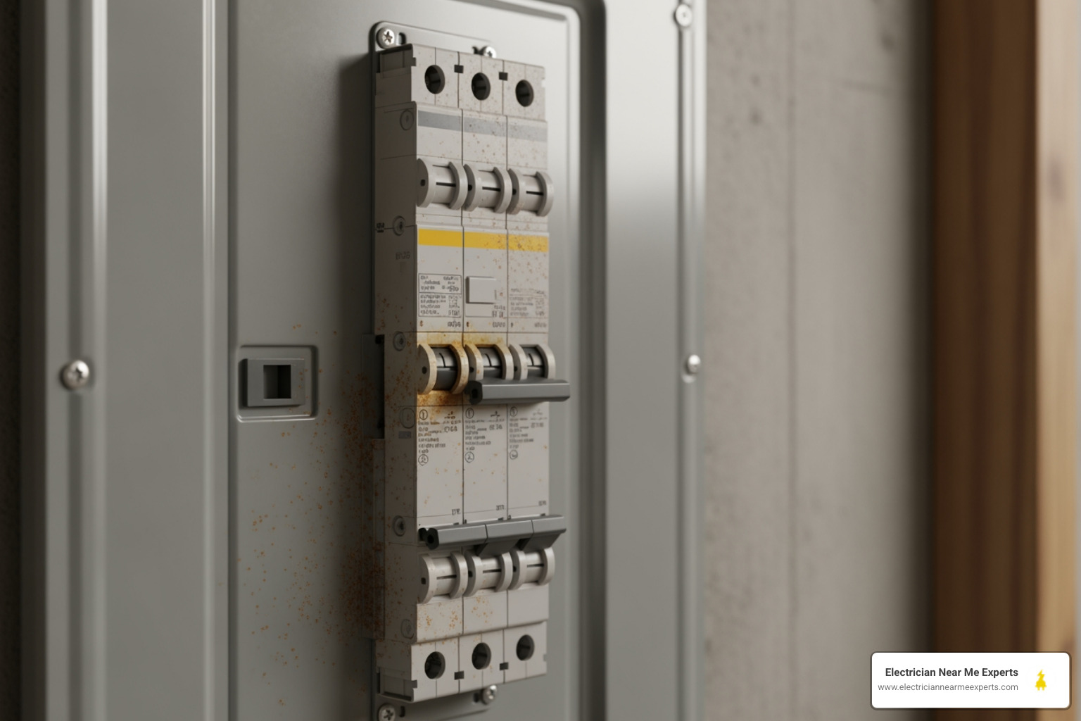 Infographic showing the top 5 warning signs of a failing electrical panel: 1) Burning smell or smoke from panel, 2) Panel feels hot to touch or makes buzzing sounds, 3) Frequent unexplained breaker trips, 4) Visible rust, corrosion, or melting inside panel, 5) Federal Pacific, Zinsco, or Challenger brand labels - emergency electrical panel change-out in mckinney, tx