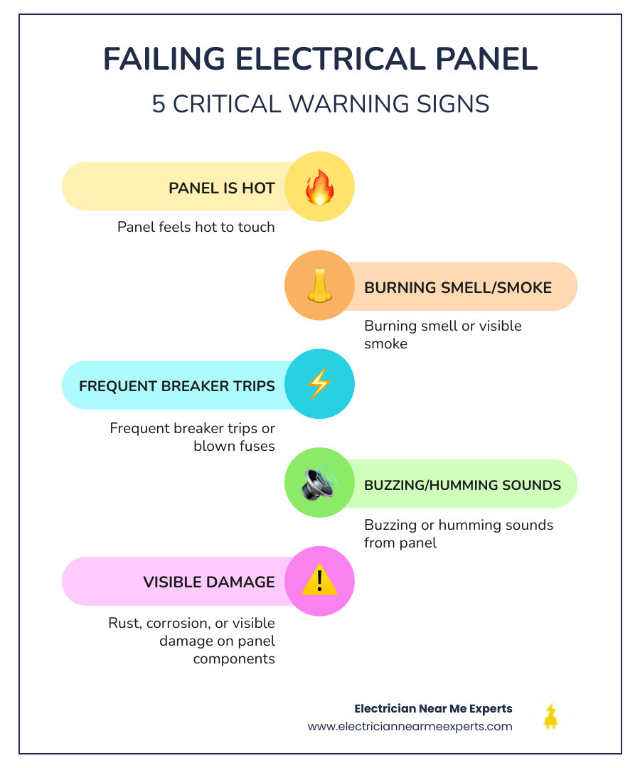 Infographic showing five critical warning signs of a failing electrical panel: 1) Panel feels hot to touch, 2) Burning smell or visible smoke, 3) Frequent breaker trips or blown fuses, 4) Buzzing or humming sounds from panel, 5) Rust, corrosion, or visible damage on panel components - emergency electrical panel change-out in princeton, tx infographic infographic-line-5-steps-colors