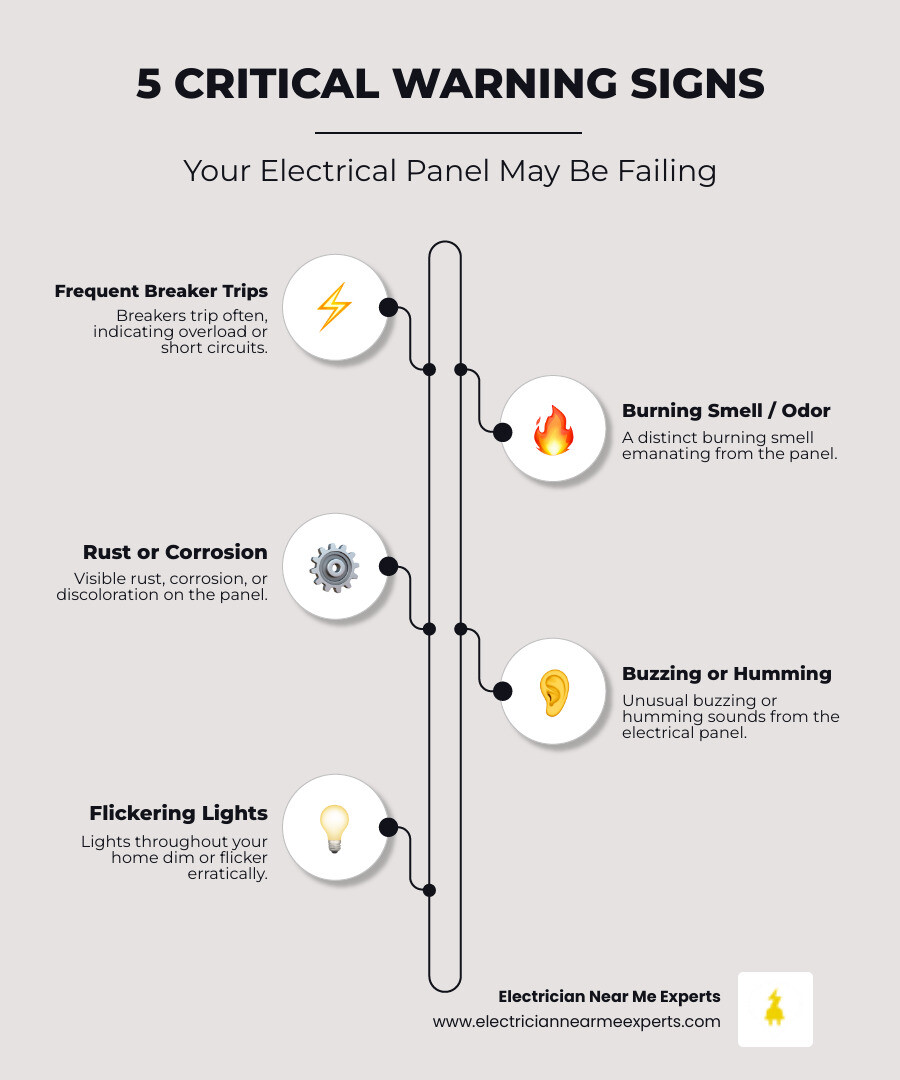 Infographic showing five critical warning signs of a failing electrical panel: frequent breaker trips, burning smell or smoke, visible rust or corrosion, buzzing or humming sounds, and flickering lights throughout the home - emergency electrical panel change-out in melissa, tx infographic infographic-line-5-steps-elegant_beige