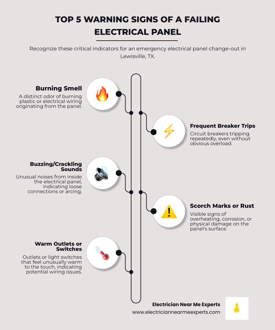 Infographic showing the top 5 warning signs of a failing electrical panel: burning smell from panel, frequent breaker trips, buzzing or crackling sounds, visible scorch marks or rust on panel, and warm outlets or switches - emergency electrical panel change-out in lewisville, tx infographic infographic-line-5-steps-elegant_beige