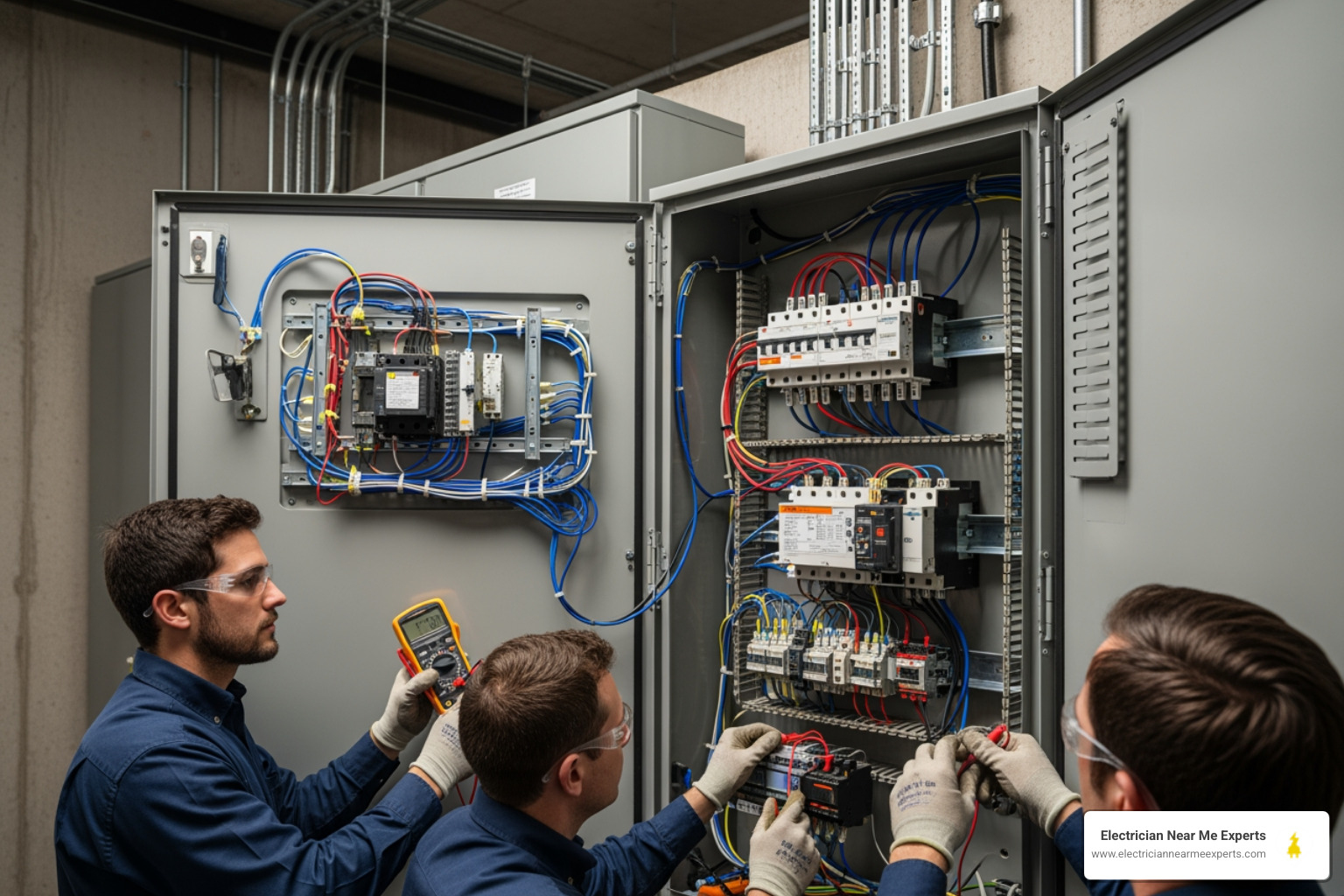 Infographic showing the flow of electricity from utility lines through the main commercial electrical panel, then distributed via circuit breakers to different building zones including lighting circuits, HVAC systems, office equipment, and specialized machinery, with labels indicating amperage capacity and safety features like GFCIs and AFCIs - commercial electrical panel change-out in mckinney, tx