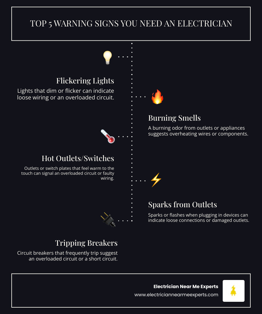 Infographic showing the top 5 warning signs you need an electrician: flickering lights, burning smells, hot outlets or switches, sparks when plugging in devices, and frequently tripping circuit breakers - best electrical repair in plano, tx infographic infographic-line-5-steps-dark