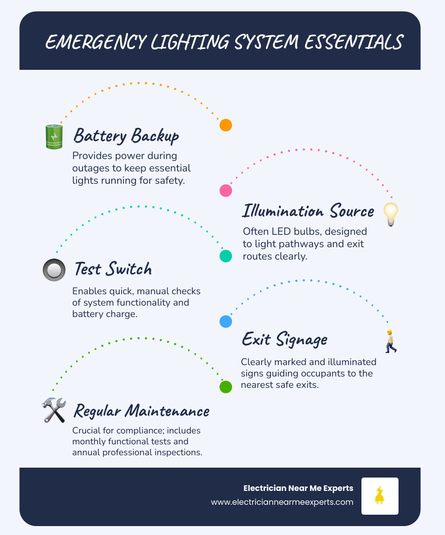 Infographic showing emergency lighting system components including battery backup unit, LED bulbs, test switch button, exit sign with illuminated letters, and monthly testing schedule with annual professional inspection requirements - emergency lighting repair in mckinney, tx infographic infographic-line-5-steps-blues-accent_colors Infographic showing emergency lighting system components including battery backup unit, LED bulbs, test switch button, exit sign with illuminated letters, and monthly testing schedule with annual professional inspection requirements - emergency lighting repair in mckinney, tx infographic infographic-line-5-steps-blues-accent_colors